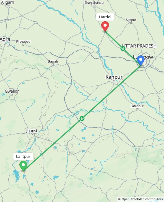Route map showing distance and travel time from Lalitpur, India to Hardoi, India