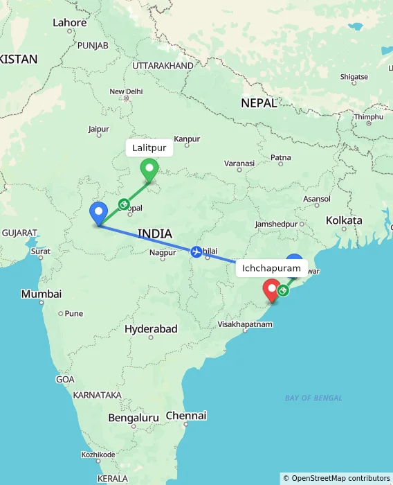 Route map showing distance and travel time from Lalitpur, India to Ichchapuram, India