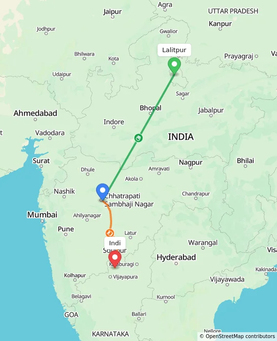 Route map showing distance and travel time from Lalitpur, India to Indi, India