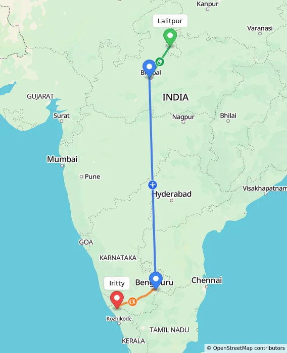 Route map showing distance and travel time from Lalitpur, India to Iritty, India