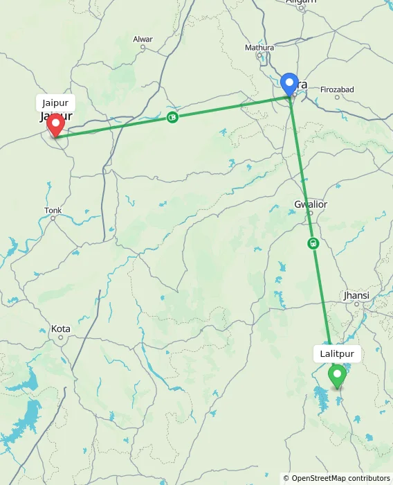 Route map showing distance and travel time from Lalitpur, India to Jaipur, India