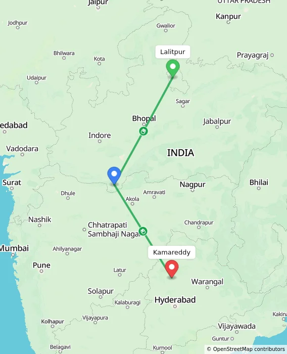 Route map showing distance and travel time from Lalitpur, India to Kamareddy, India
