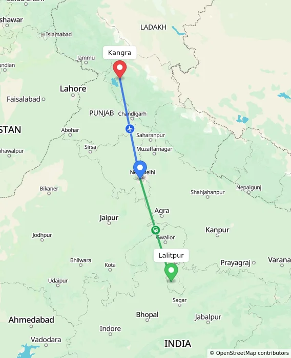 Route map showing distance and travel time from Lalitpur, India to Kangra, India