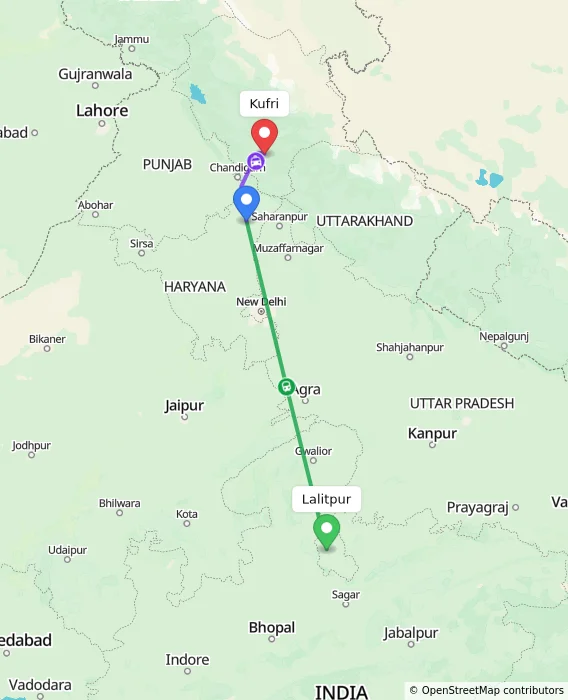Route map showing distance and travel time from Lalitpur, India to Kufri, India