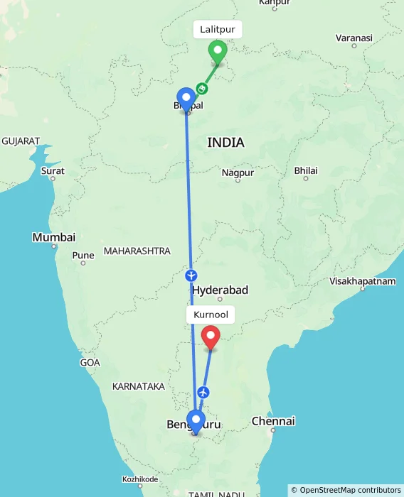 Route map showing distance and travel time from Lalitpur, India to Kurnool, India