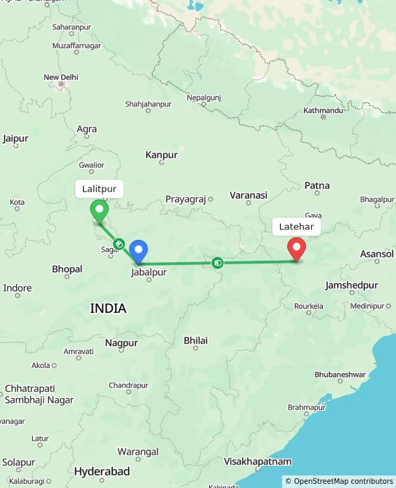 Route map showing distance and travel time from Lalitpur, India to Latehar, India