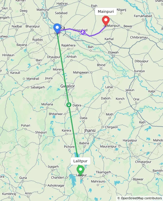 Route map showing distance and travel time from Lalitpur, India to Mainpuri, India