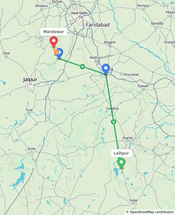 Route map showing distance and travel time from Lalitpur, India to Mandawar, India