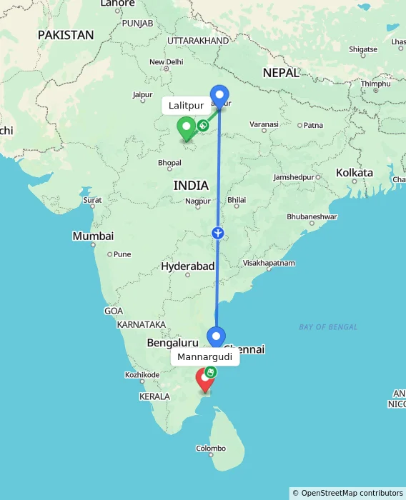 Route map showing distance and travel time from Lalitpur, India to Mannargudi, India