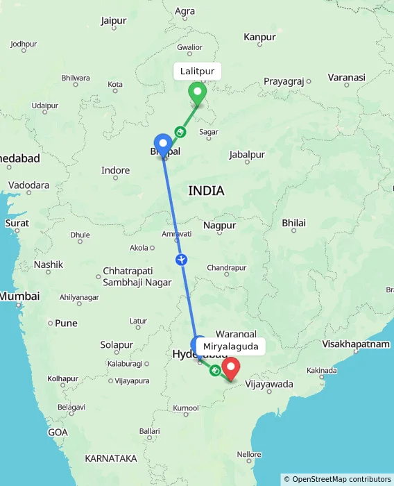 Route map showing distance and travel time from Lalitpur, India to Miryalaguda, India