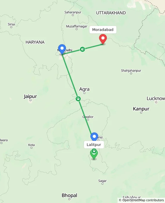 Route map showing distance and travel time from Lalitpur, India to Moradabad, India