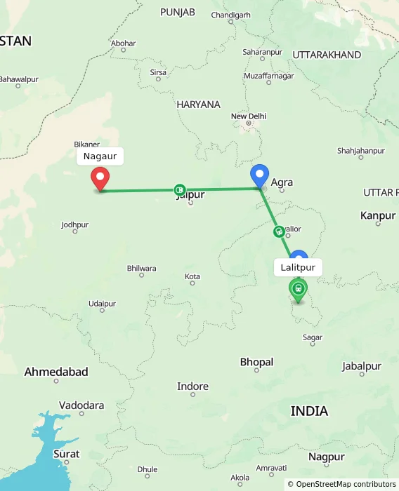 Route map showing distance and travel time from Lalitpur, India to Nagaur, India