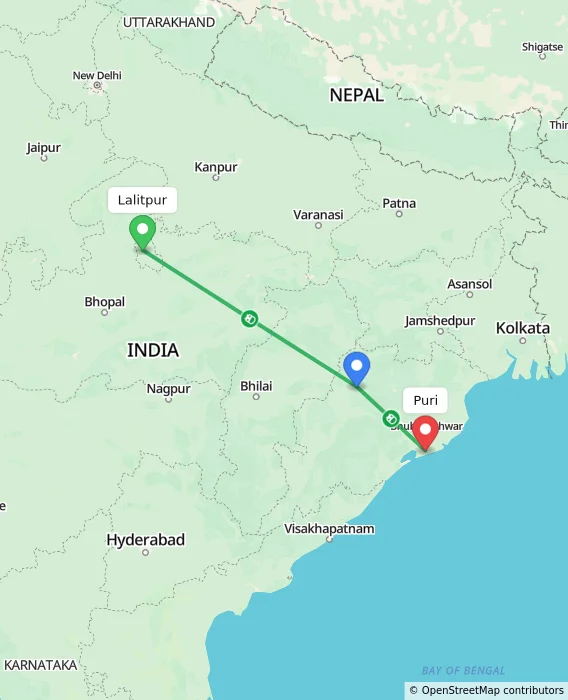Route map showing distance and travel time from Lalitpur, India to Puri, India