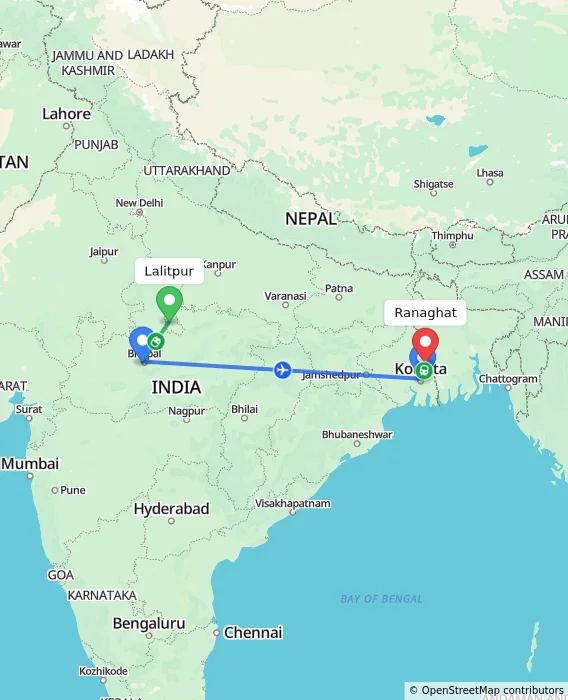 Route map showing distance and travel time from Lalitpur, India to Ranaghat, India