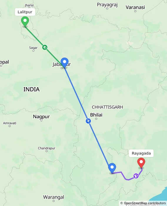 Route map showing distance and travel time from Lalitpur, India to Rayagada, India