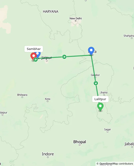 Route map showing distance and travel time from Lalitpur, India to Sambhar, India