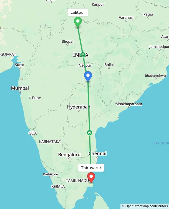 Route map showing distance and travel time from Lalitpur, India to Thiruvarur, India