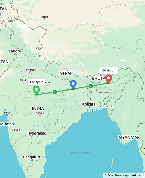 Route map showing distance and travel time from Lalitpur, India to Udalguri, India