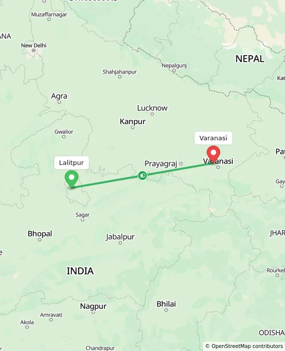 Route map showing distance and travel time from Lalitpur, India to Varanasi, India