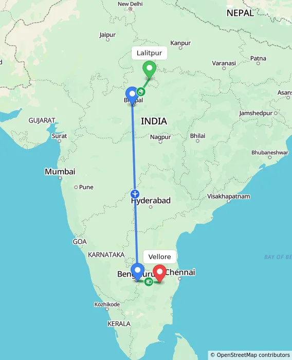 Route map showing distance and travel time from Lalitpur, India to Vellore, India