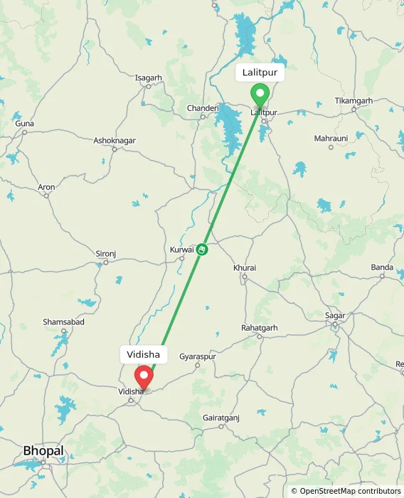 Route map showing distance and travel time from Lalitpur, India to Vidisha, India