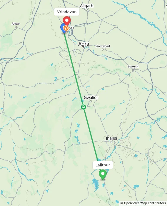 Route map showing distance and travel time from Lalitpur, India to Vrindavan, India