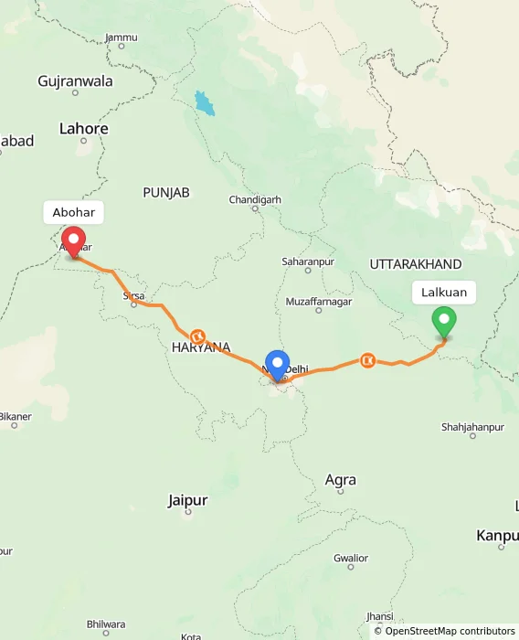 Route map showing distance and travel time from Lalkuan, India to Abohar, India