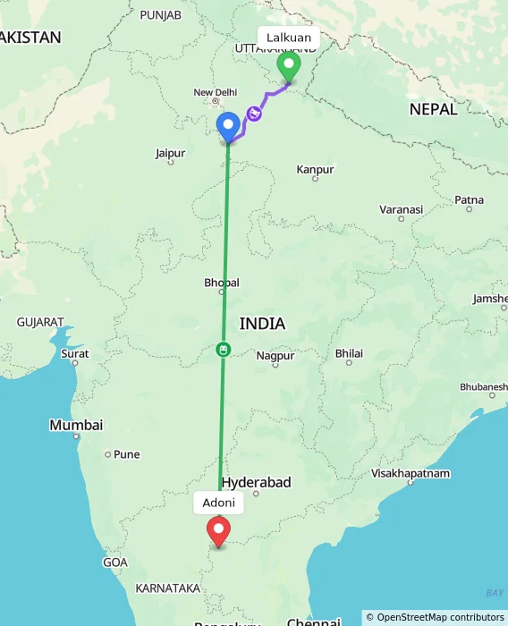 Route map showing distance and travel time from Lalkuan, India to Adoni, India