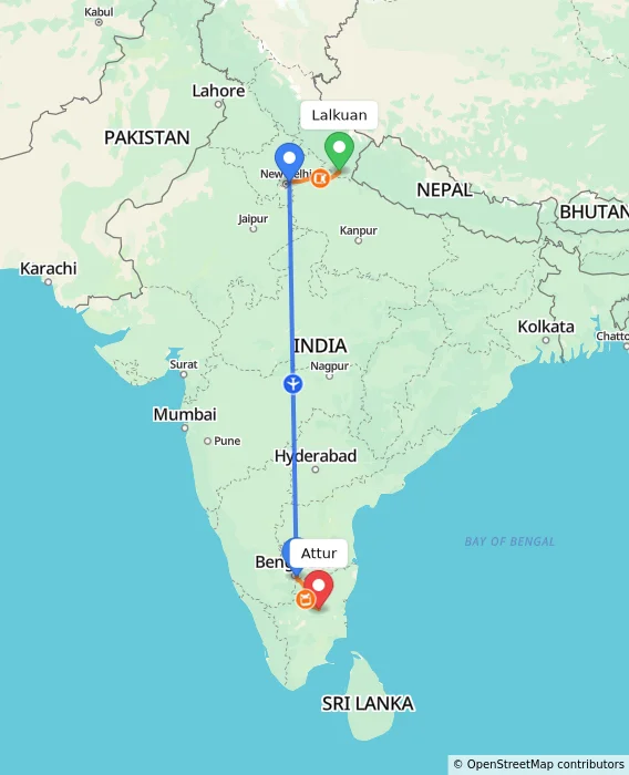 Route map showing distance and travel time from Lalkuan, India to Attur, India