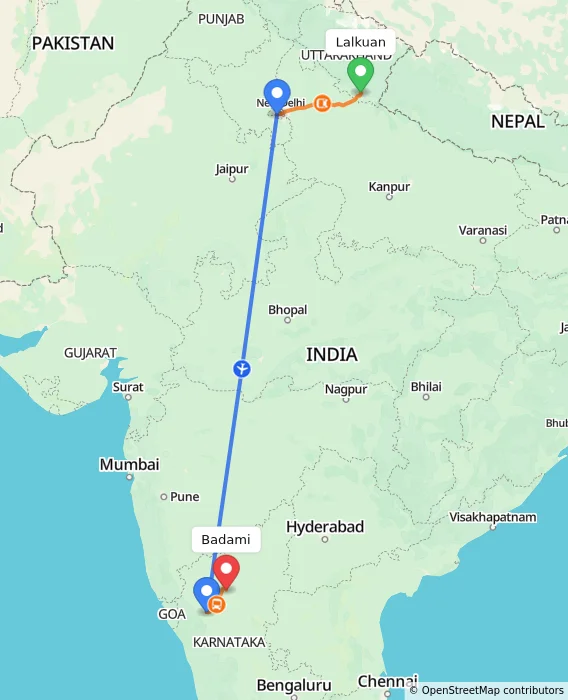 Route map showing distance and travel time from Lalkuan, India to Badami, India