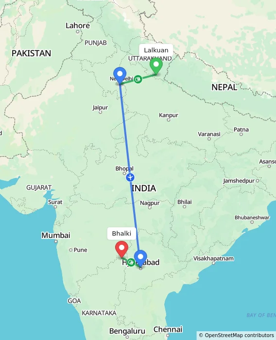 Route map showing distance and travel time from Lalkuan, India to Bhalki, India
