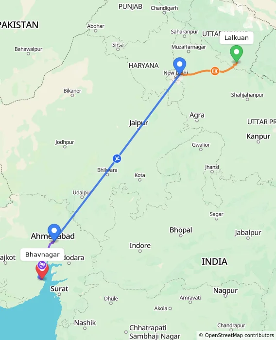 Route map showing distance and travel time from Lalkuan, India to Bhavnagar, India