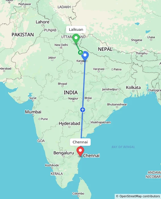 Route map showing distance and travel time from Lalkuan, India to Chennai, India