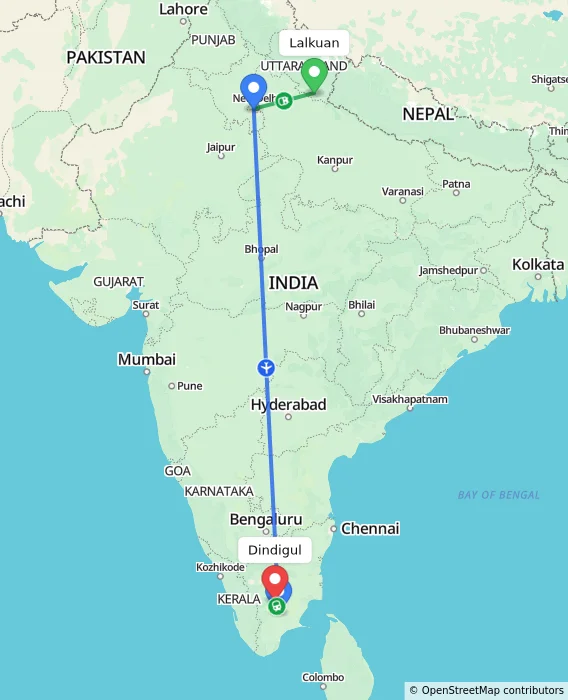 Route map showing distance and travel time from Lalkuan, India to Dindigul, India