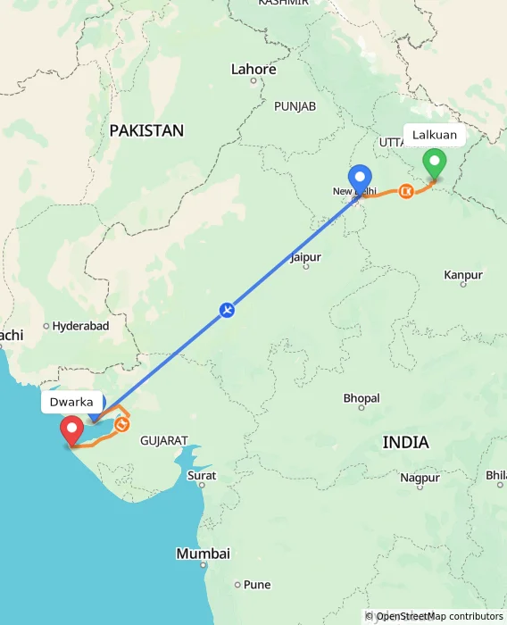 Route map showing distance and travel time from Lalkuan, India to Dwarka, India