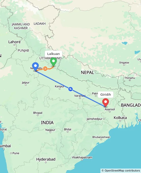 Route map showing distance and travel time from Lalkuan, India to Giridih, India