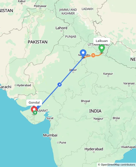 Route map showing distance and travel time from Lalkuan, India to Gondal, India