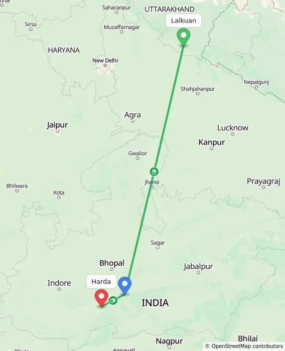 Route map showing distance and travel time from Lalkuan, India to Harda, India
