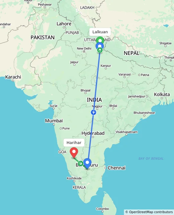 Route map showing distance and travel time from Lalkuan, India to Harihar, India