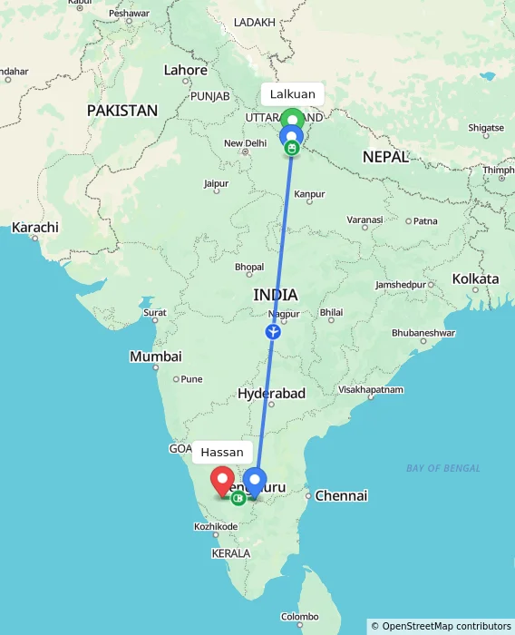 Route map showing distance and travel time from Lalkuan, India to Hassan, India