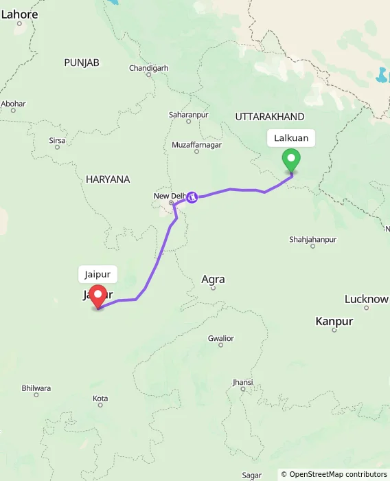 Route map showing distance and travel time from Lalkuan, India to Jaipur, India