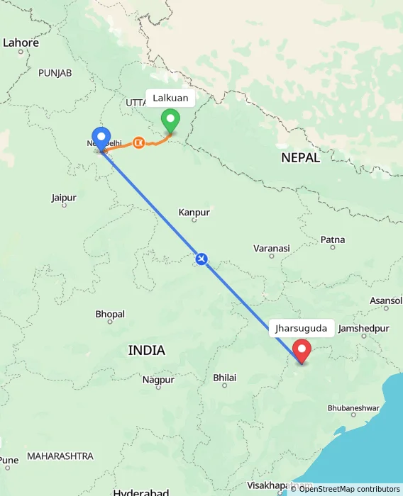 Route map showing distance and travel time from Lalkuan, India to Jharsuguda, India