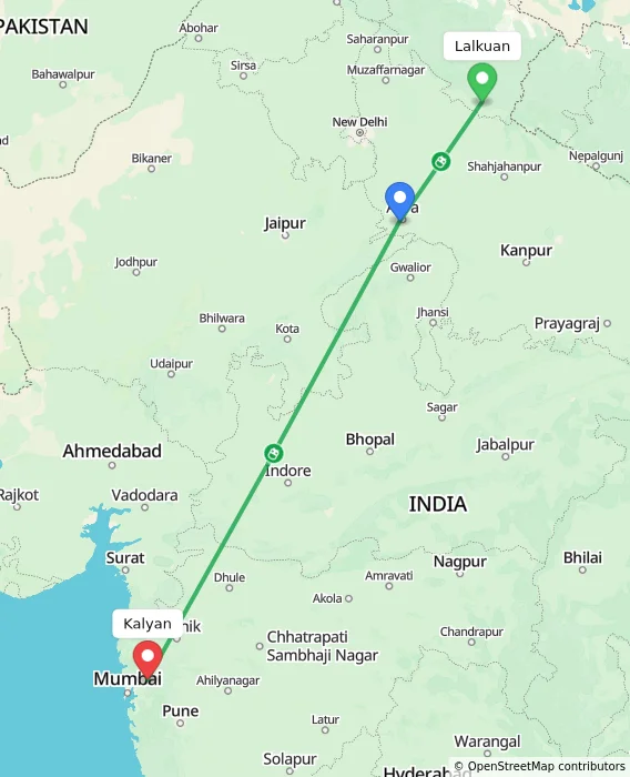 Route map showing distance and travel time from Lalkuan, India to Kalyan, India