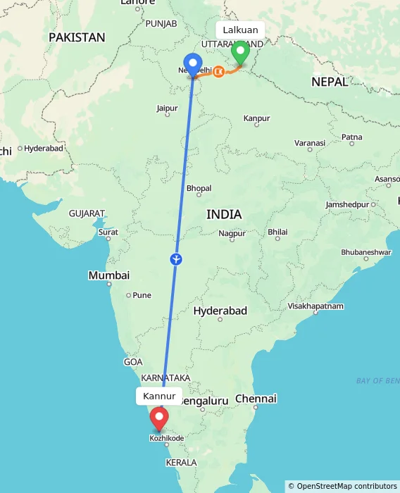 Route map showing distance and travel time from Lalkuan, India to Kannur, India