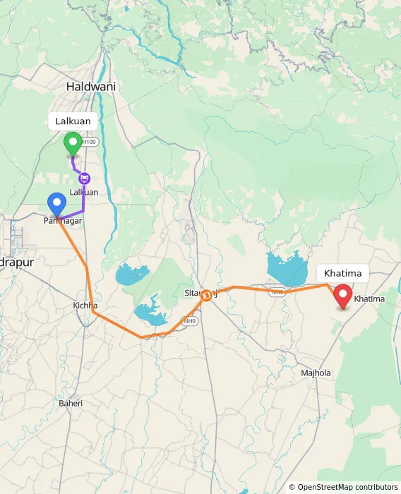 Route map showing distance and travel time from Lalkuan, India to Khatima, India