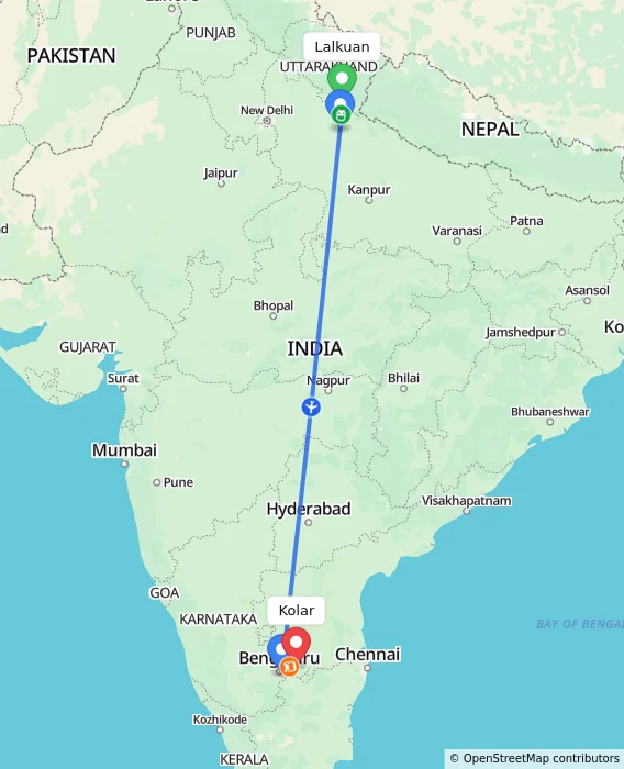 Route map showing distance and travel time from Lalkuan, India to Kolar, India