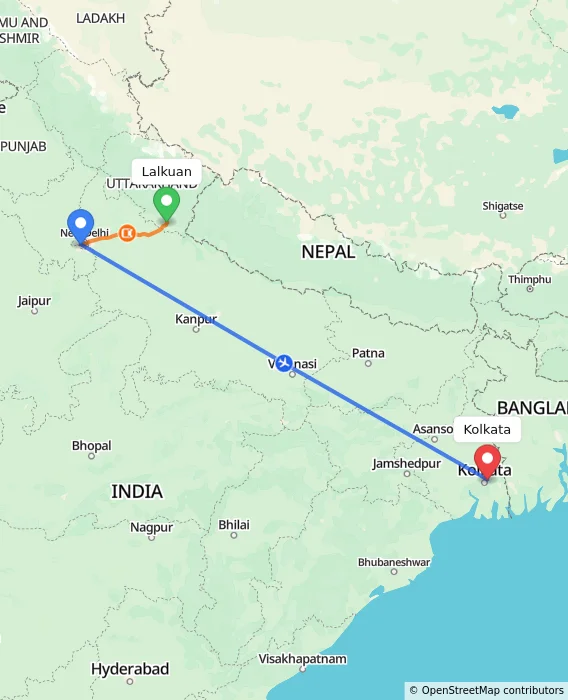 Route map showing distance and travel time from Lalkuan, India to Kolkata, India