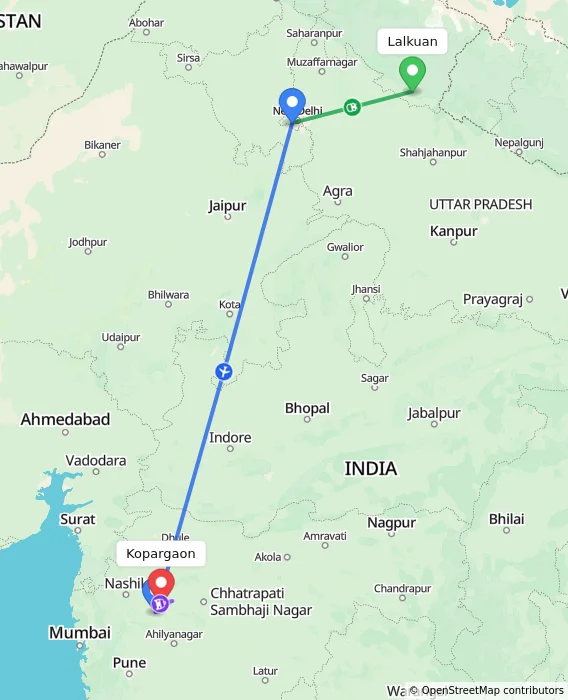 Route map showing distance and travel time from Lalkuan, India to Kopargaon, India