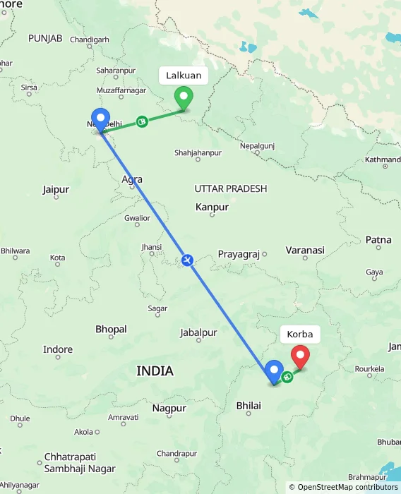 Route map showing distance and travel time from Lalkuan, India to Korba, India