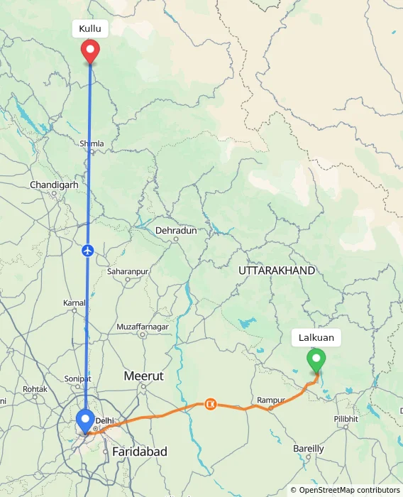 Route map showing distance and travel time from Lalkuan, India to Kullu, India